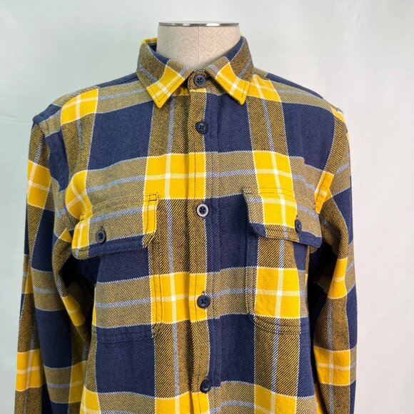 Old Navy Yellow & Navy Plaid Flannel Button-Up Long Sleeve Shirt Men's Small - Picture 6 of 7